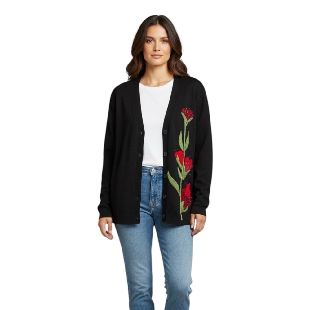 Susan Bristol Wool Hand Embroidered Floral Sweater Cardigan Cottagecore Grandma